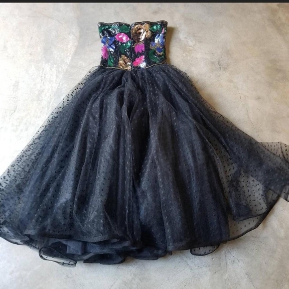 Vintage 80s Party Ball Gown Sequins Tulle - Picture 7 of 8